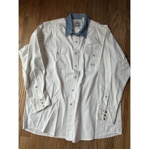 Mens Vtg Mid West Garment Co Western Denim Collard Pearl Snap Shirt Sz XL